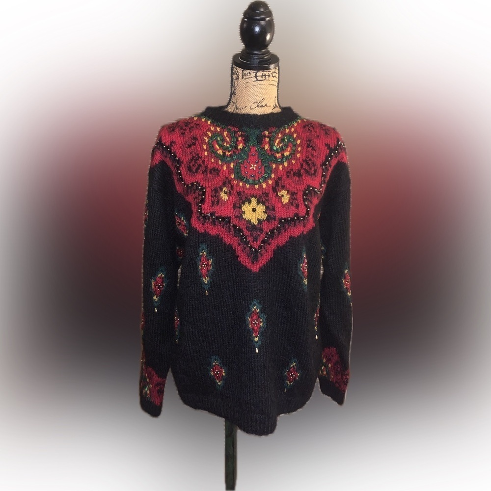 Vintage 90s Hand Knit Beaded Embellished Christmas Holiday Wool Mohair Sweater M